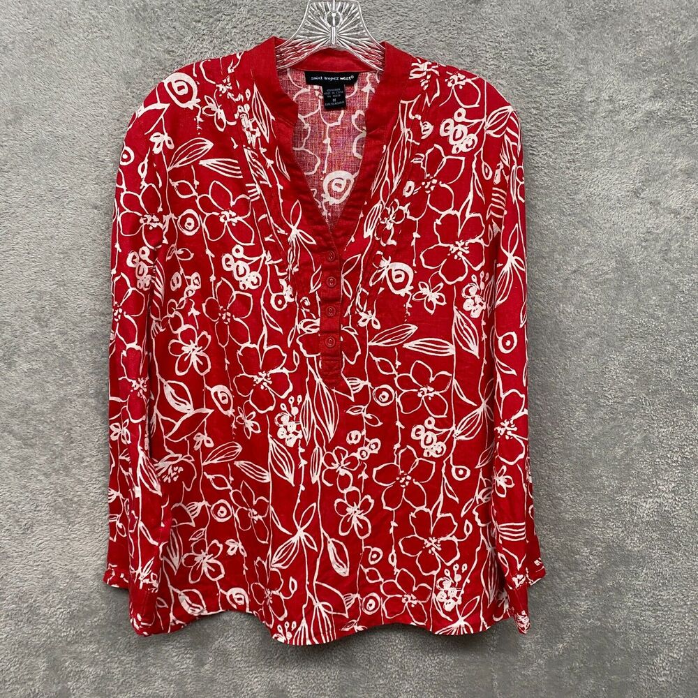 Saint Tropez Shirt Womens Medium Linen Red White Floral Hawaiian Popover Shirt